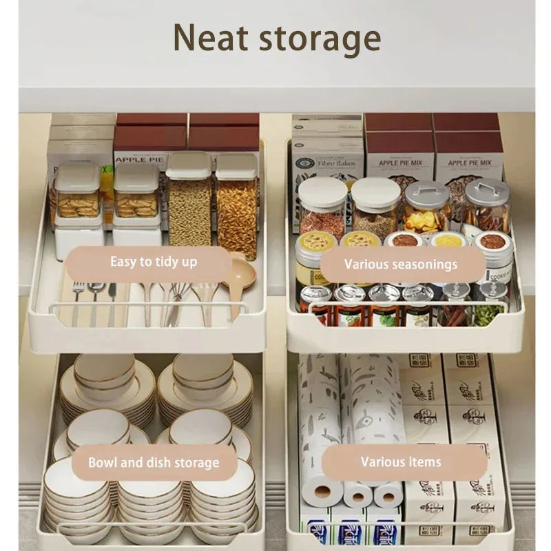 Pull-Out Cabinet Storage Rack with Slide Rails — No-Drill, Smooth & Quiet