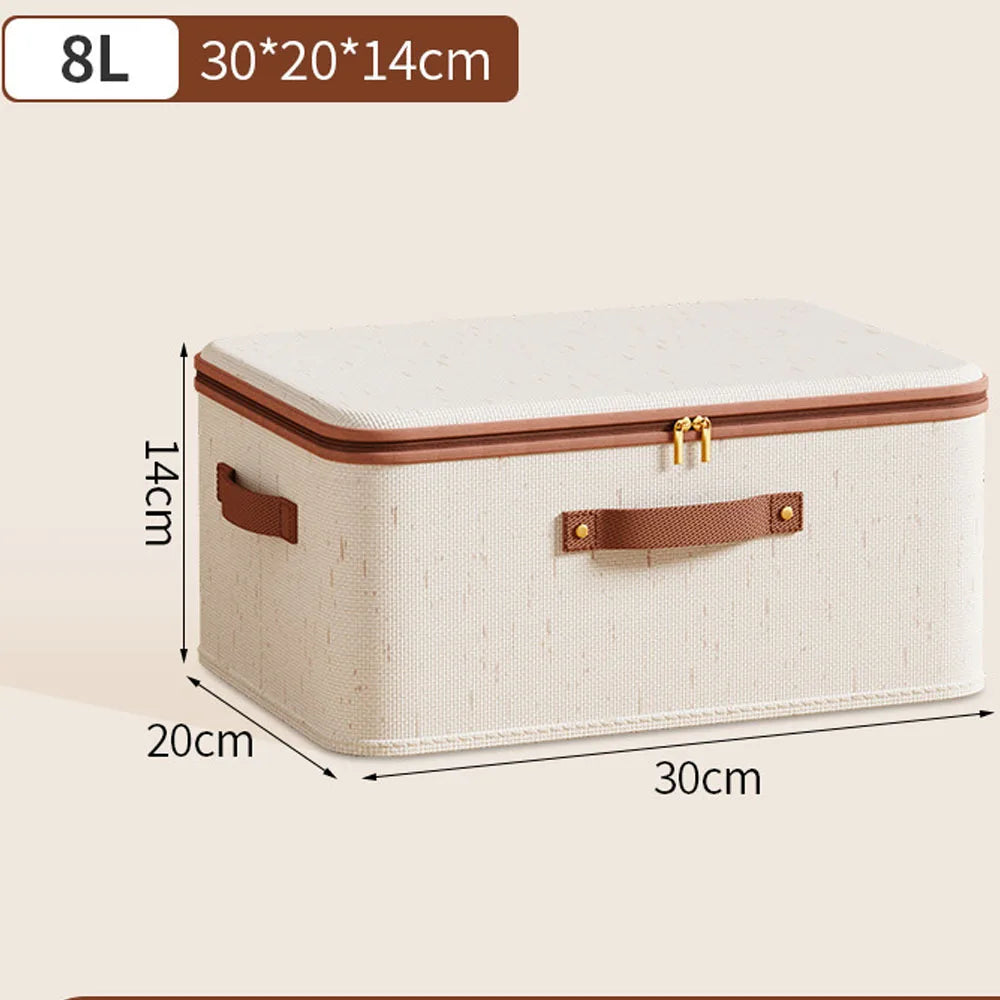 Zipped Cotton Linen Storage Box with Leather Handle