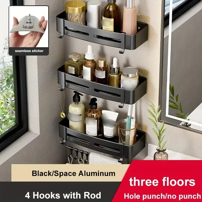 No-Drill Aluminum Corner Shower Shelf — Wall-Mounted Bathroom Organizer