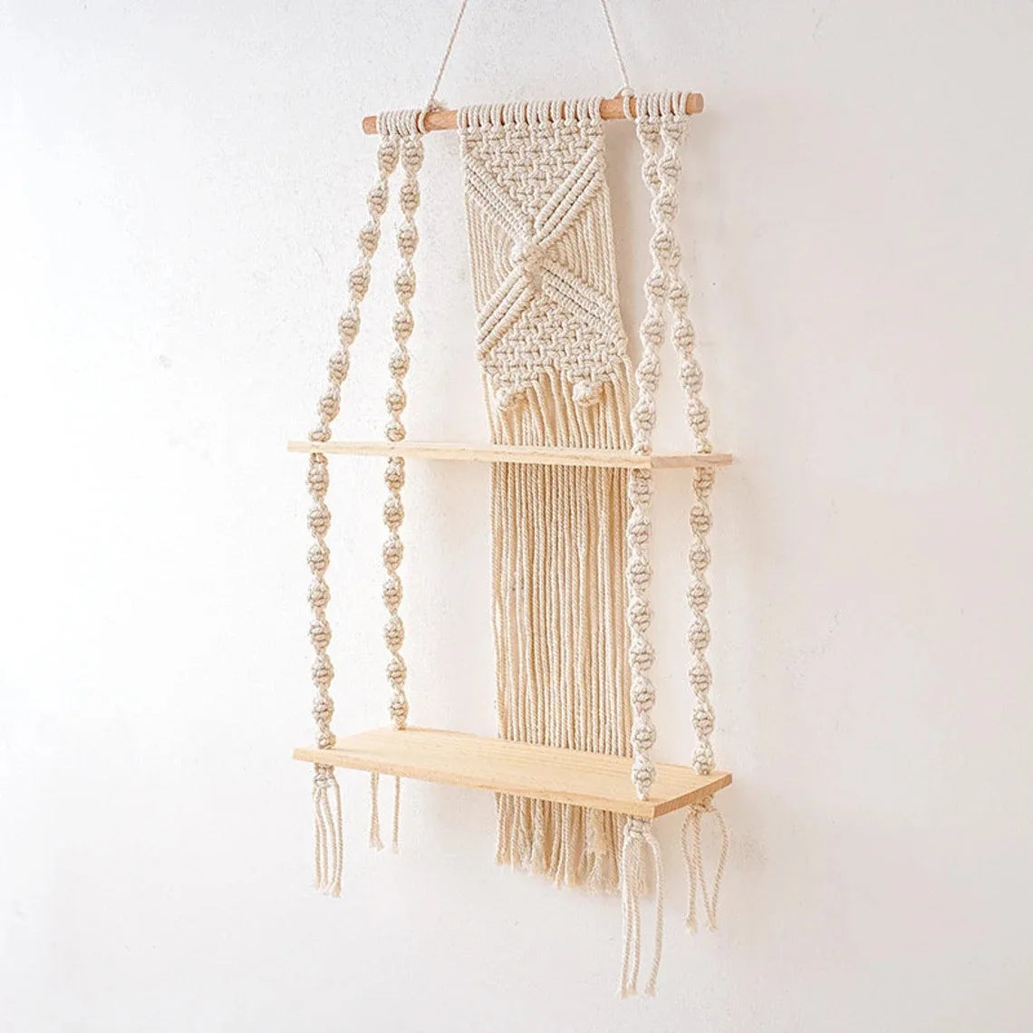 Boho Macrame Wall Hanging Shelf — Wood & Polyester Floating Shelf