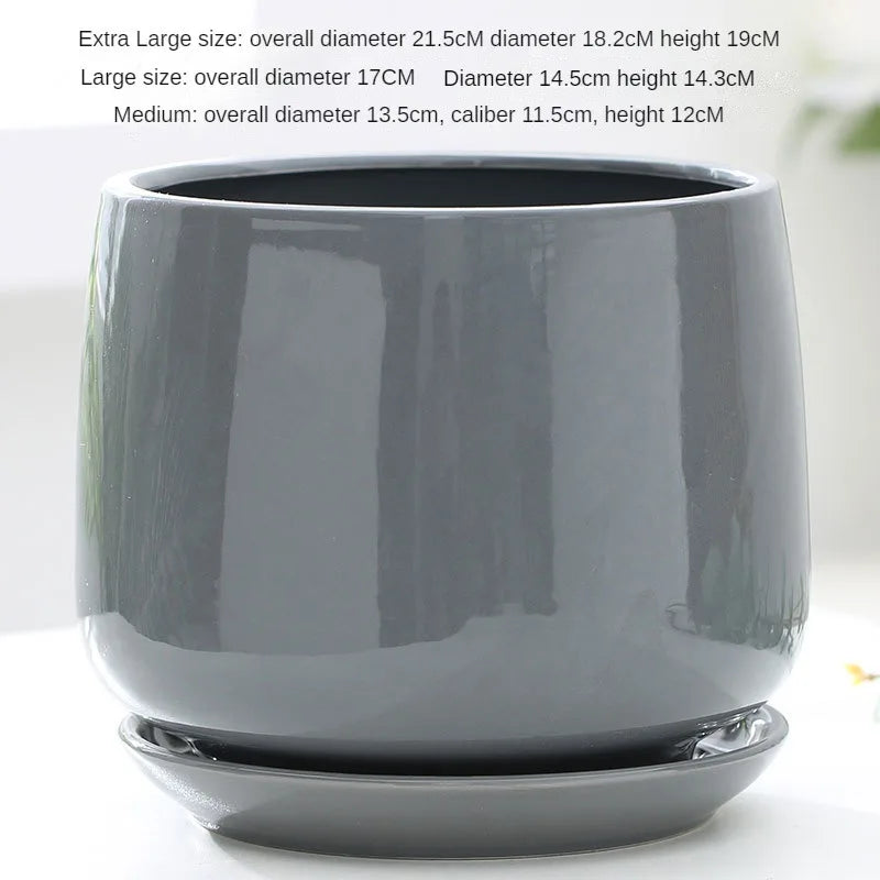 Large Nordic Ceramic Flowerpot with Tray – Glazed Balcony & Indoor Planter