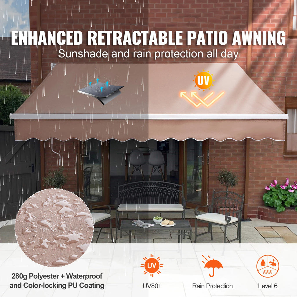 SucceBuy Manual Retractable Awning – UV80+ Waterproof Patio Sunshade 10×8ft