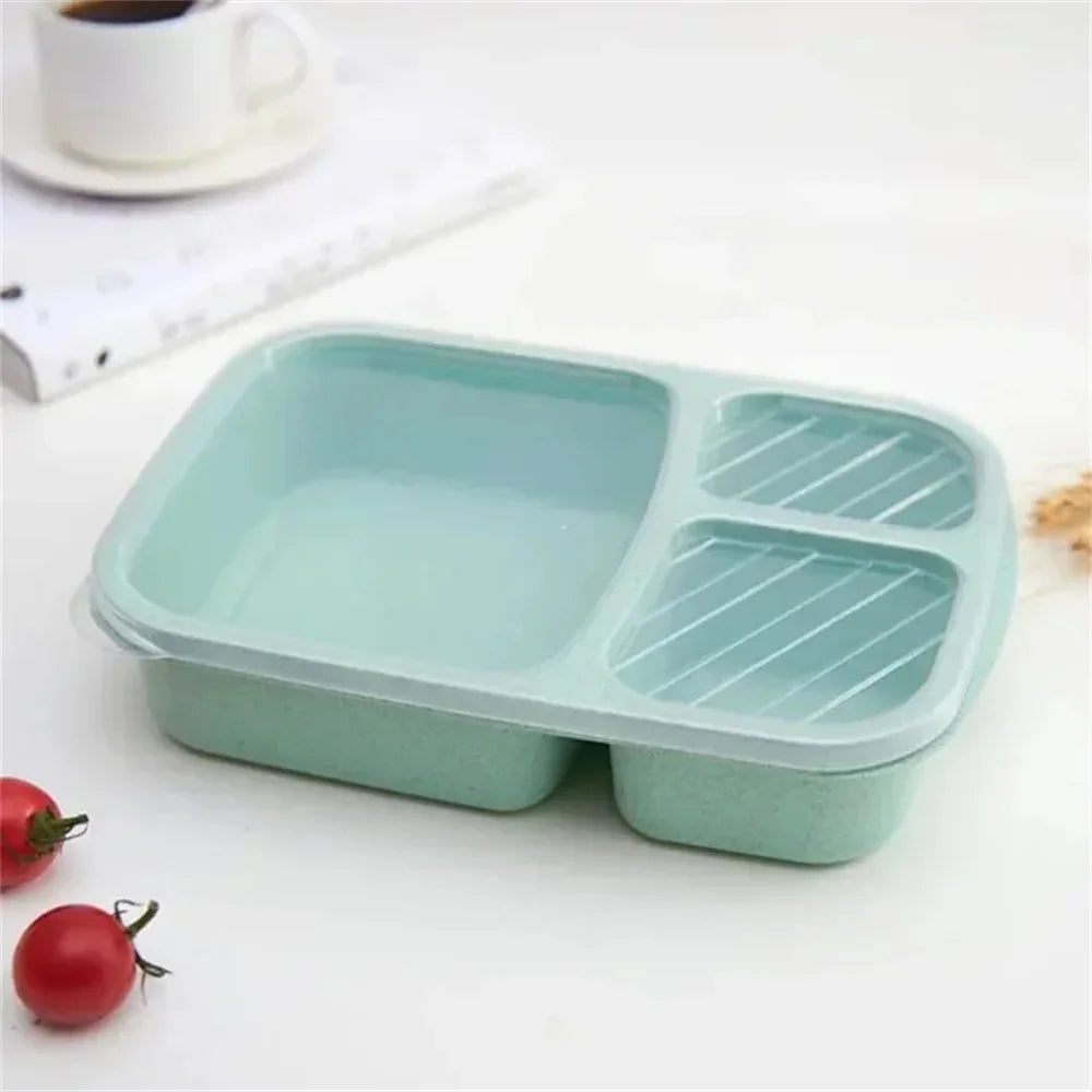 Wheat Straw Bento Lunch Box — 3 Compartments, Leakproof, Microwave Safe