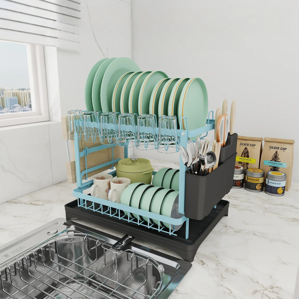 2-Tier Dish Drying Rack with Drainboard — Self-Draining, Rustproof