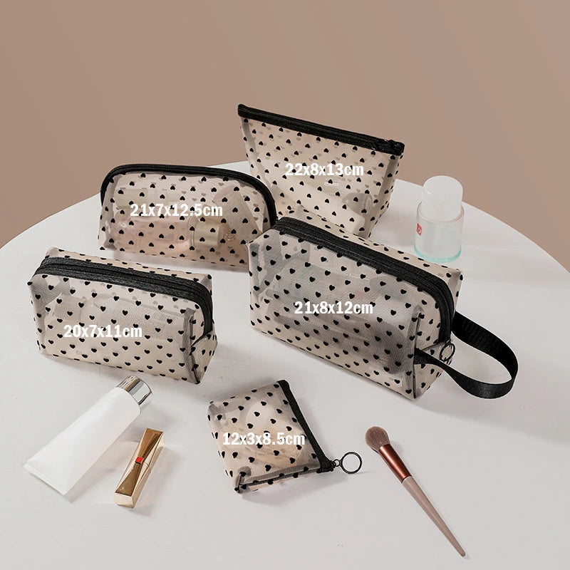 Transparent Mesh Makeup Bag — Heart Detail, Zipper Cosmetic Pouch, 12×8.5cm