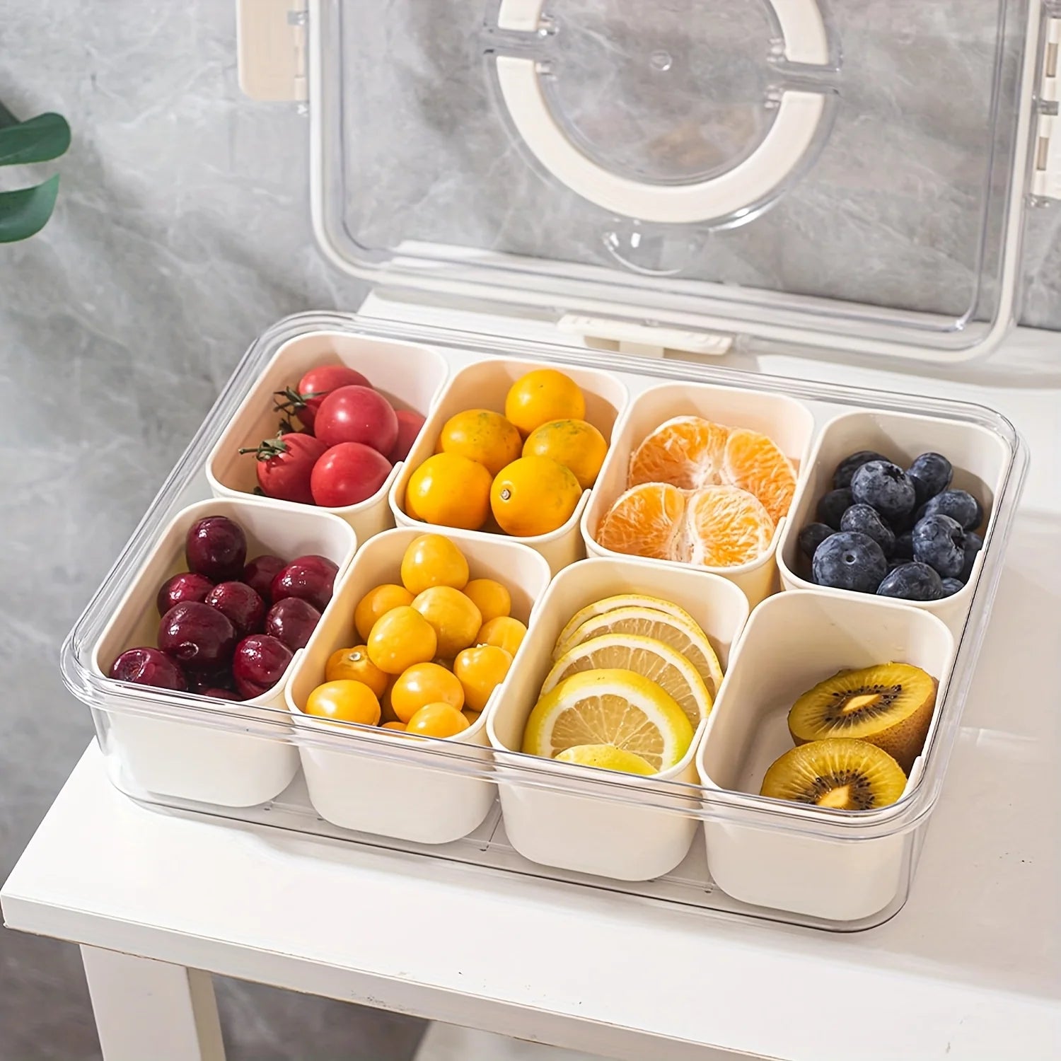 8-Grid Divided Serving Tray with Lid — for Snacks, Fruit & Fridge Storage