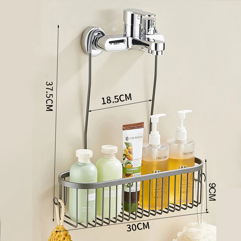 Hanging Shower Caddy with Hooks — No-Drill Aluminum Basket, 30×11.5×9cm