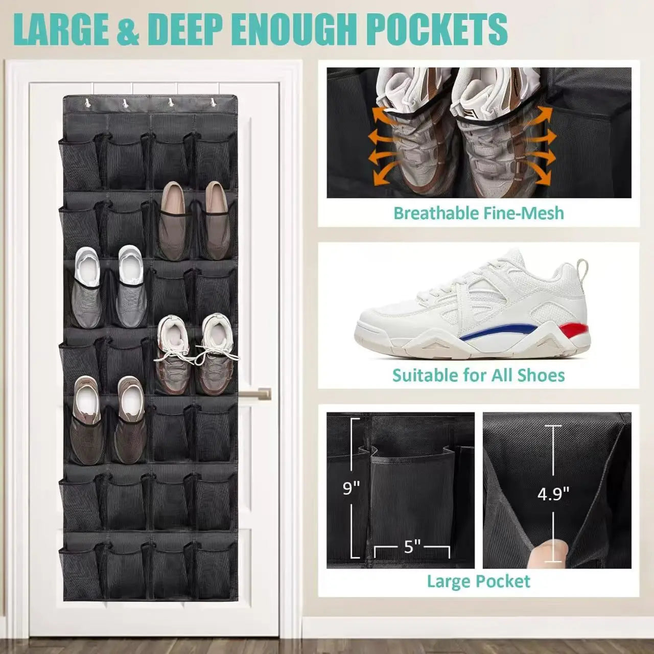 Over-Door Mesh Shoe Organizer — 14, 24 or 40 Grid Pockets, Foldable