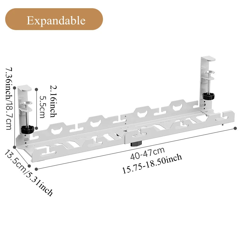 Telescopic Under-Desk Cable Management Tray — No-Drill Metal Wire Organizer