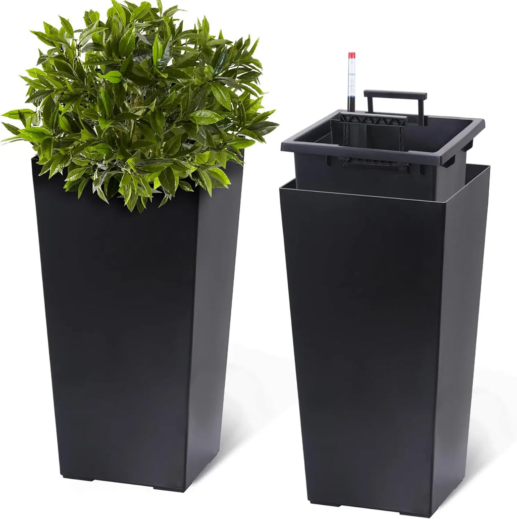 22-Inch Tall Black Taper Planter – Self-Absorbing Plastic Flower Pot with Shelf Insert (Set of 2)