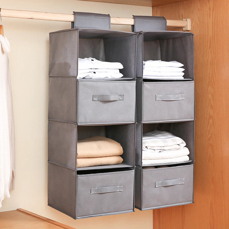 Cotton Linen Hanging Wardrobe Organizer with Drawers — Foldable Closet Shelves