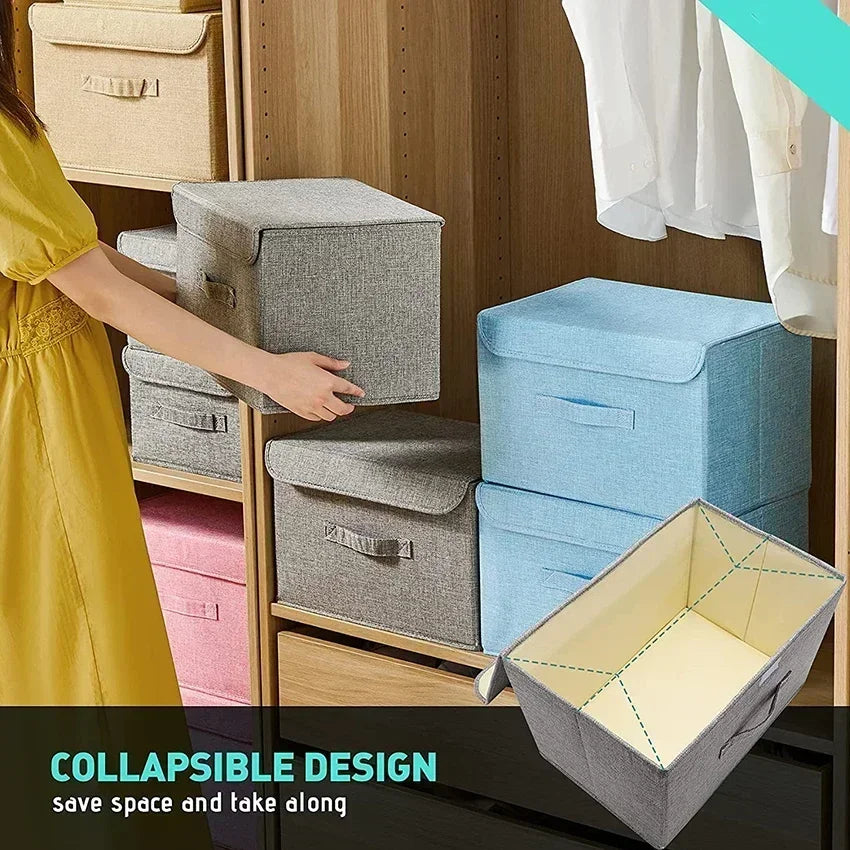 Foldable Cotton Linen Storage Basket with Lid