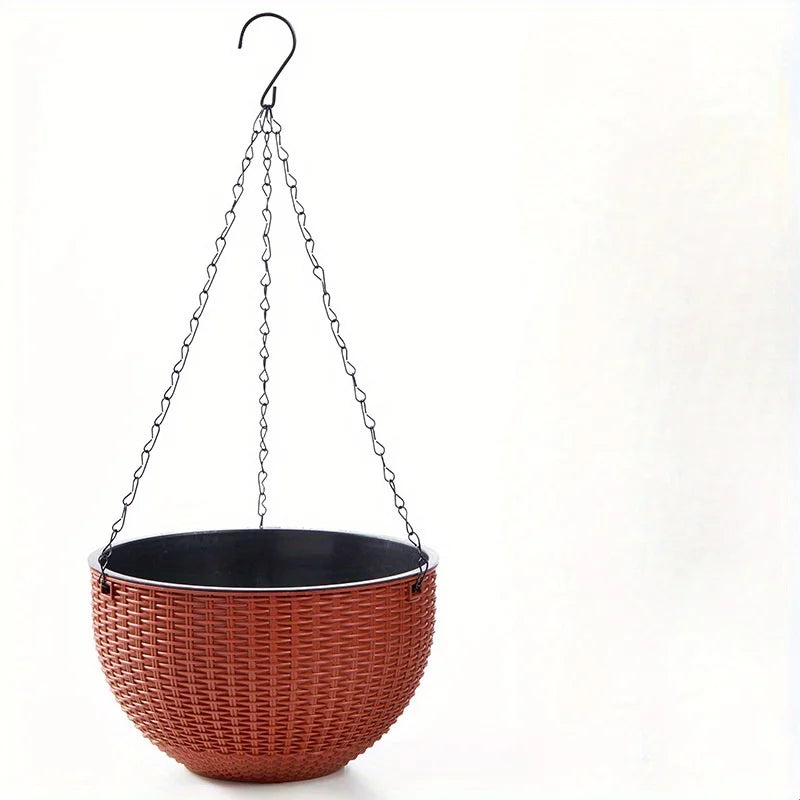 Elegant Polypropylene Self-Watering Hanging Planters with Rattan Design - Easy Drain Plug for Efficient Watering
