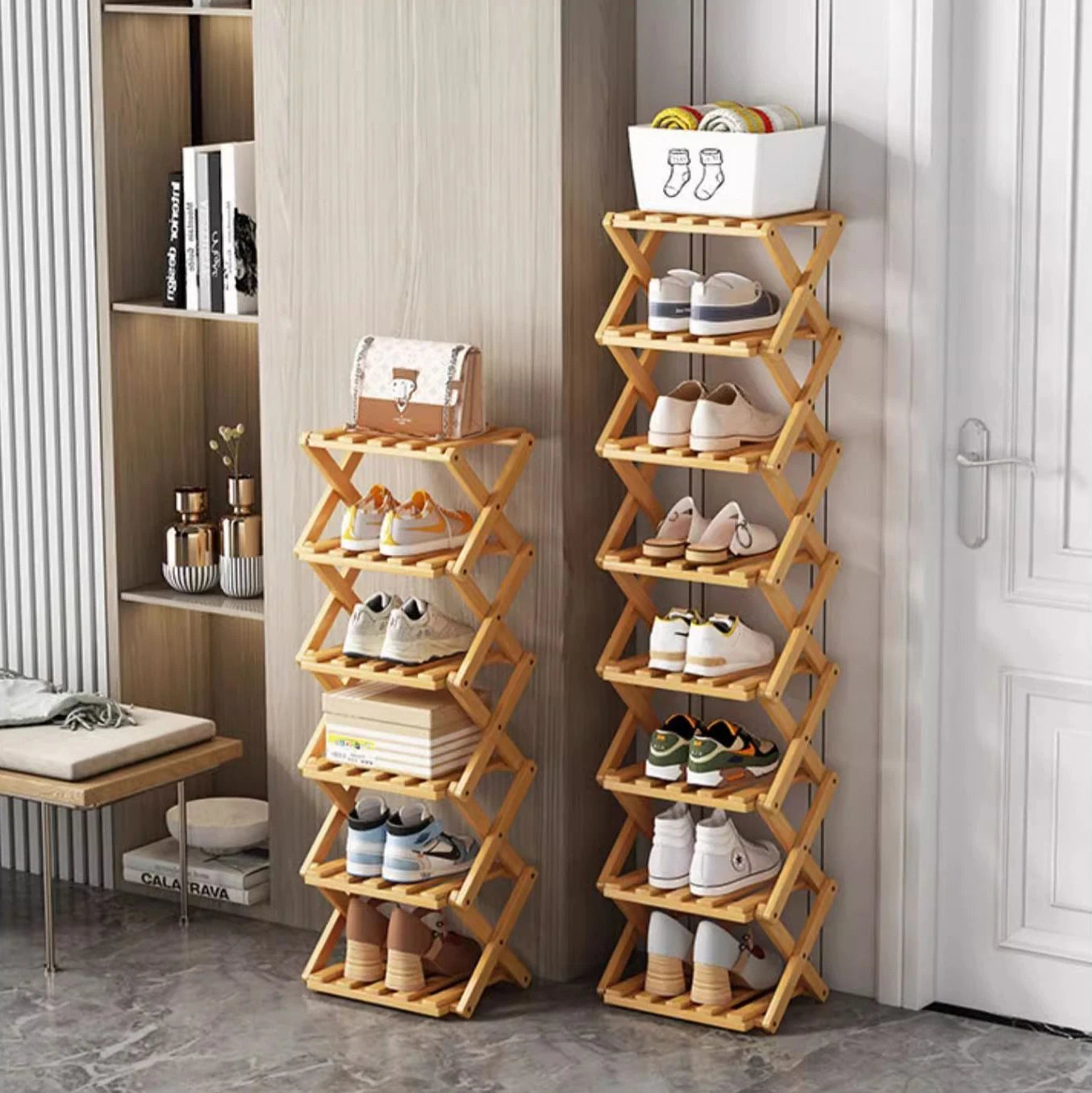 Foldable Bamboo Shoe Rack for Entryway