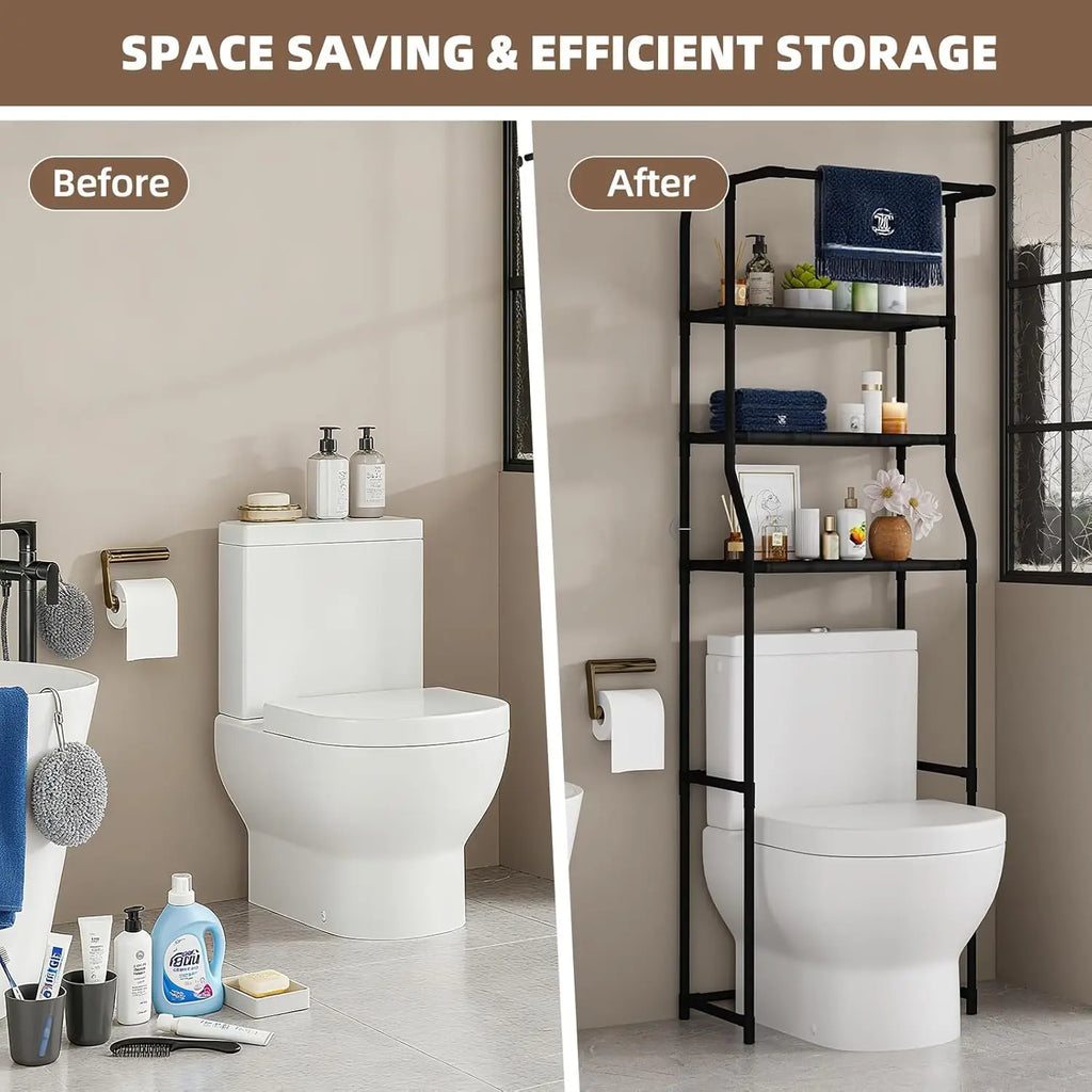 Over-Toilet 3-Tier Storage Shelf with Towel Rack — Freestanding Bathroom Organizer