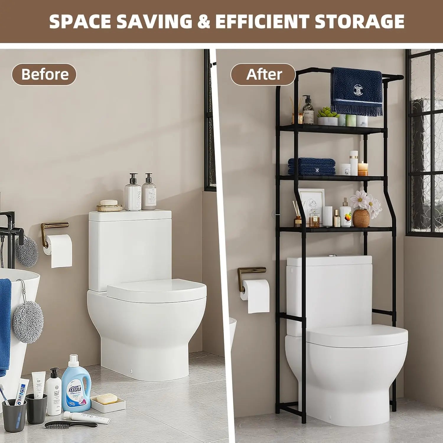 Over-Toilet 3-Tier Storage Shelf with Towel Rack — Freestanding Bathroom Organizer