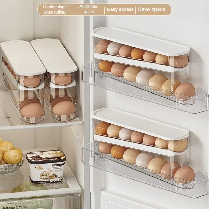 Slim Automatic Rolling Egg Storage Box — Double Layer, Fridge Door Fit