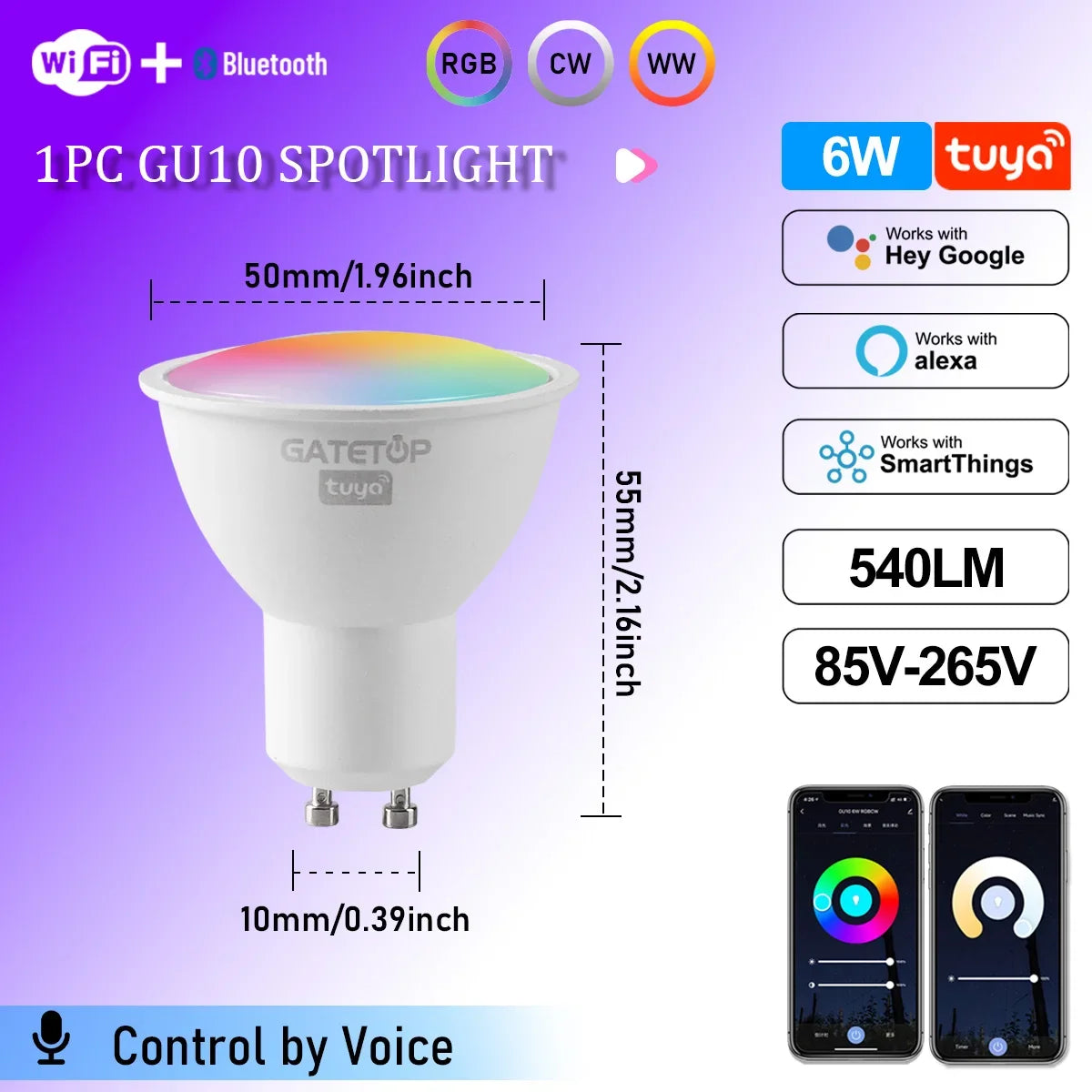 Tuya WiFi GU10 Smart Spotlight — Dimmable, Alexa & Google Compatible