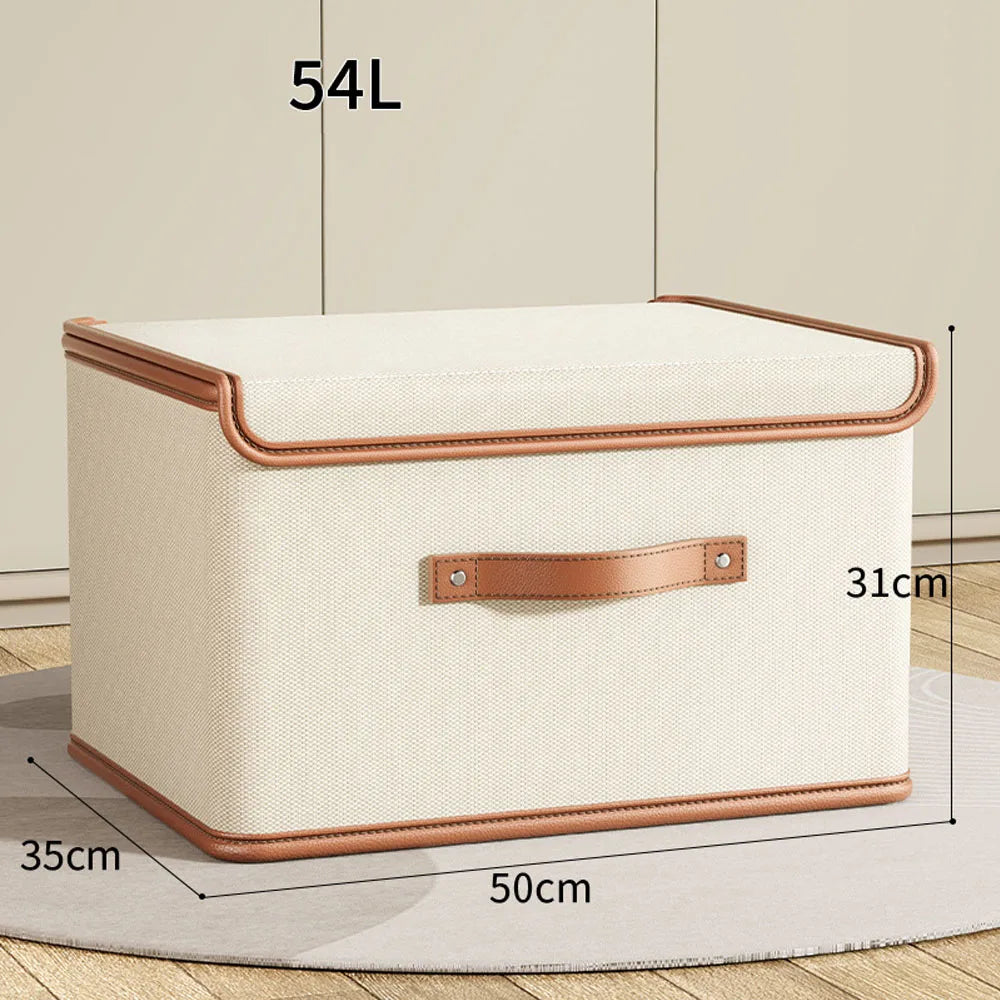 Zipped Cotton Linen Storage Box with Leather Handle