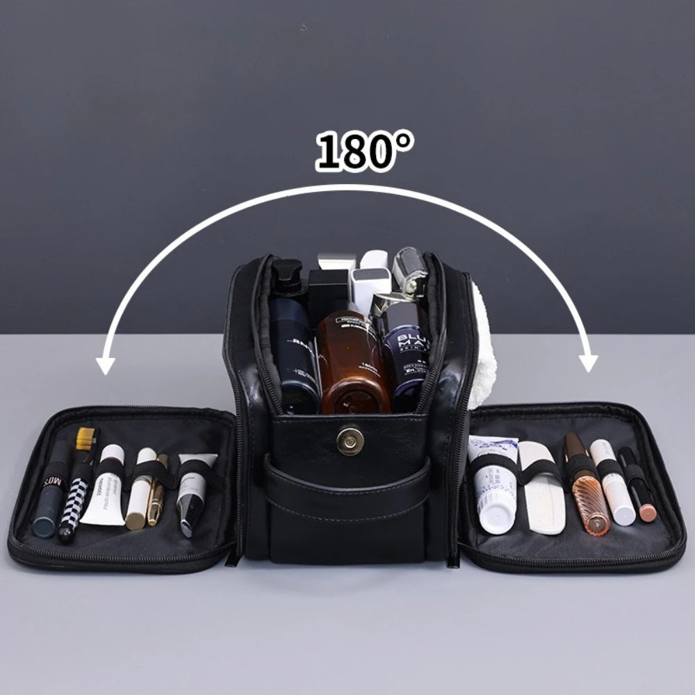 PU Leather Hanging Toiletry Bag — Multi-Pocket, Dry-Wet Separation, 28×18×15cm
