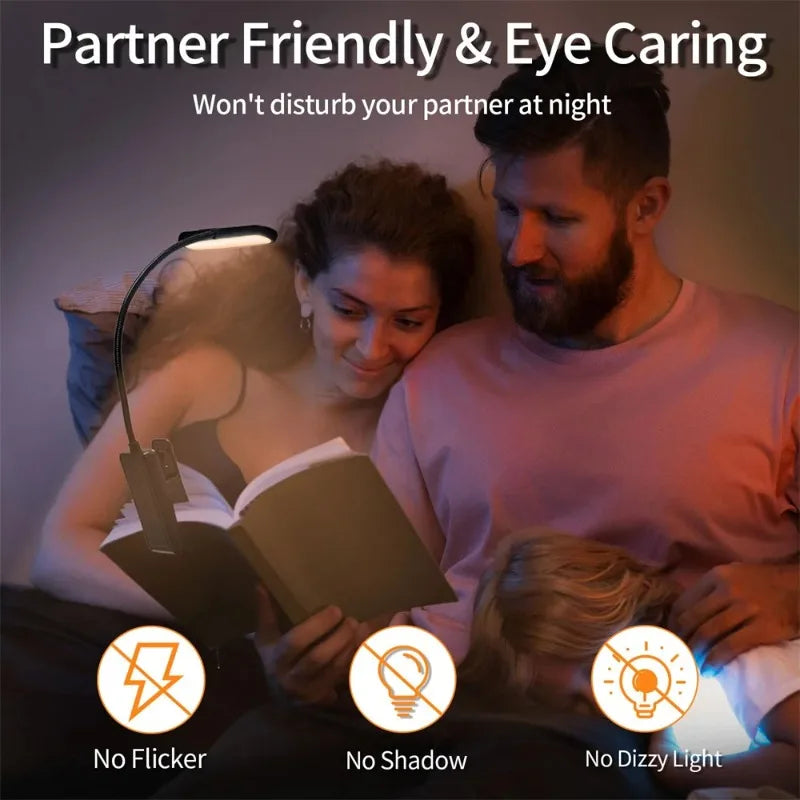 USB Rechargeable Clip-On Book Light – 5W Dimmable, 360° Flexible Neck