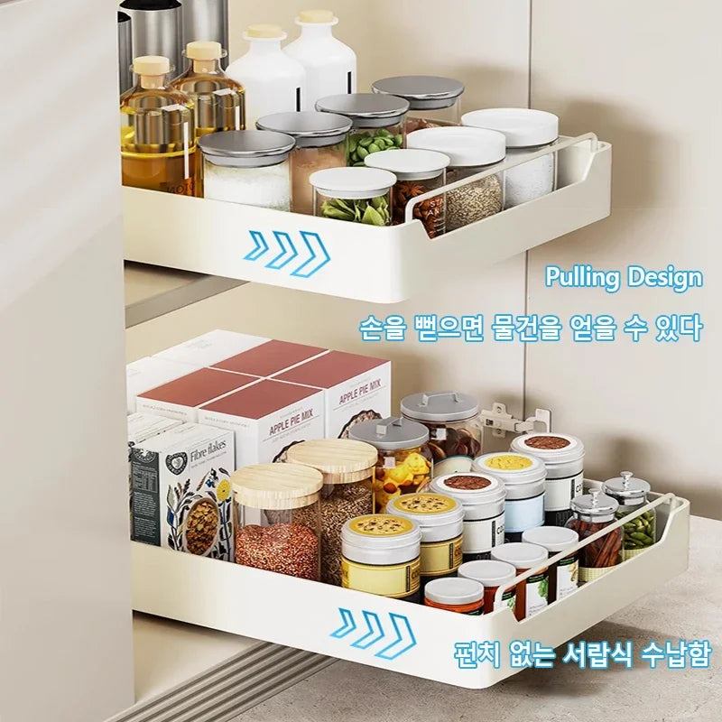 Pull-Out Cabinet Storage Rack with Slide Rails — No-Drill, Smooth & Quiet
