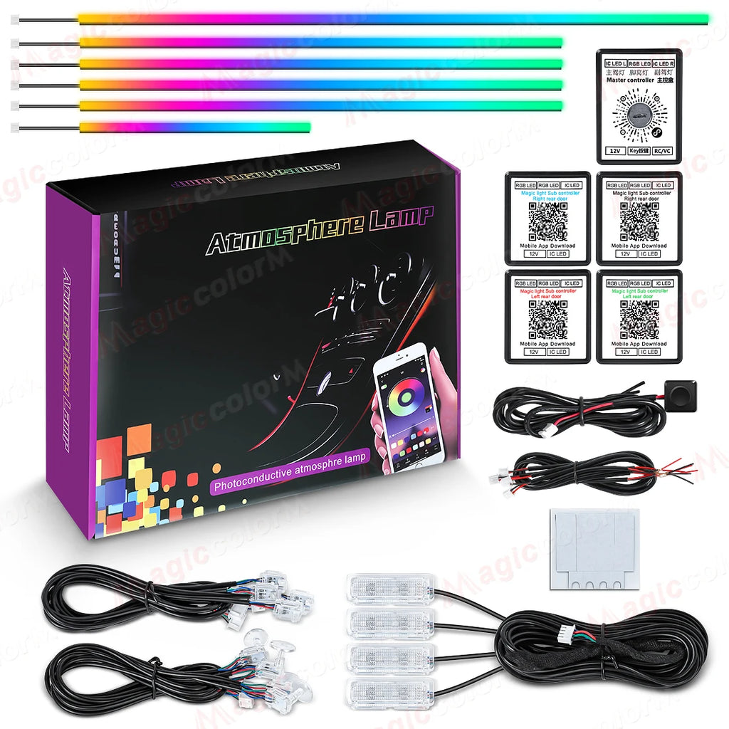 RGB Car Ambient Light Kit — Bluetooth, App Control, 64 Colours