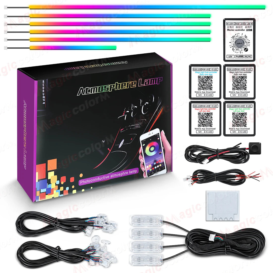 RGB Car Ambient Light Kit — Bluetooth, App Control, 64 Colours