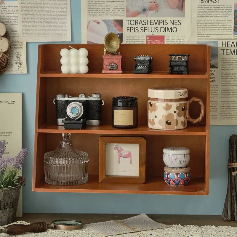 Solid Wood Retro Desktop Organizer — Multi-Layer Storage Rack
