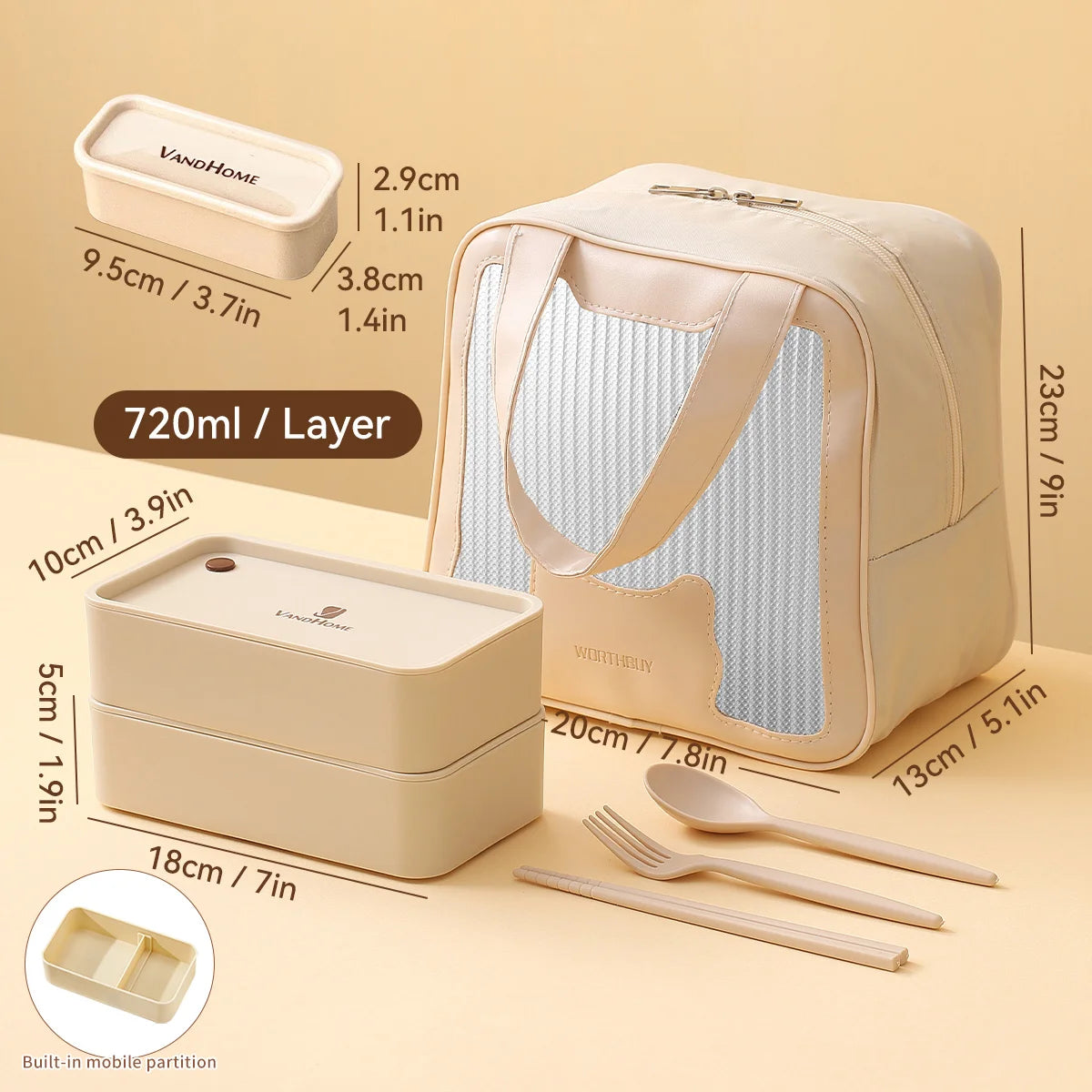 WORTHBUY Divided Bento Lunch Box — Leakproof, Microwave Safe, with Bag & Cutlery