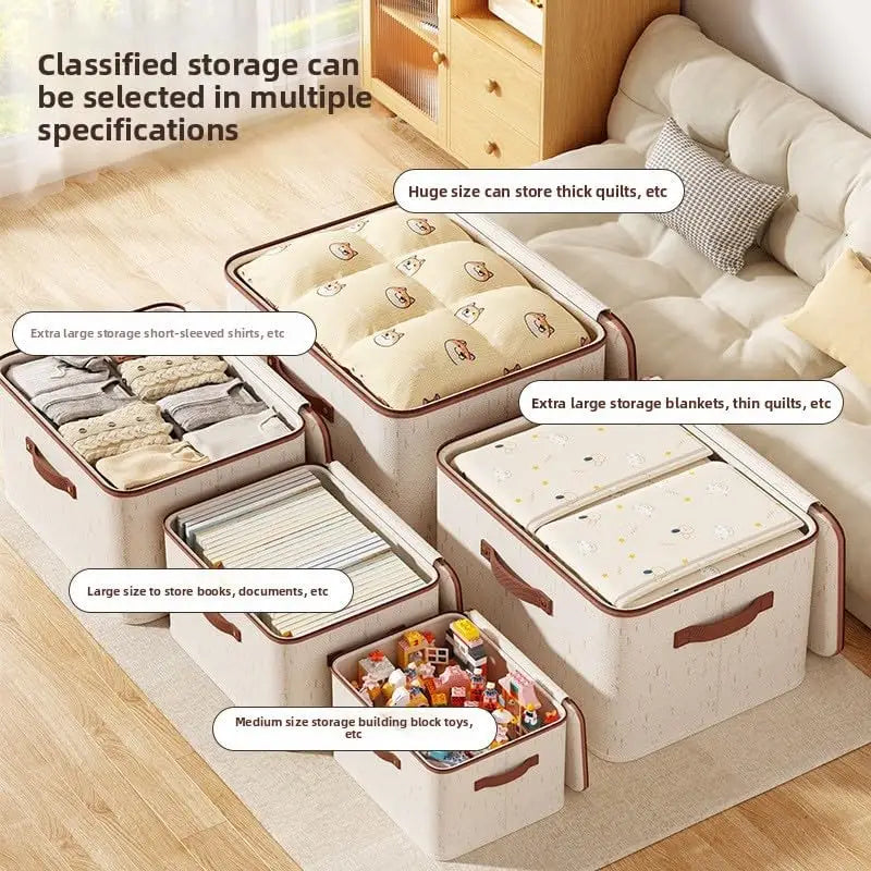 Zipped Cotton Linen Storage Box with Leather Handle