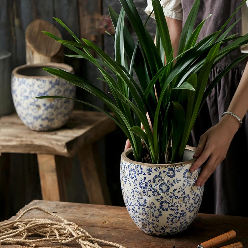 Blue & White Porcelain Ceramic Flower Pot – Orchid Butterfly Hydroculture Planter