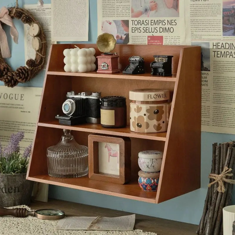 Solid Wood Retro Desktop Organizer — Multi-Layer Storage Rack
