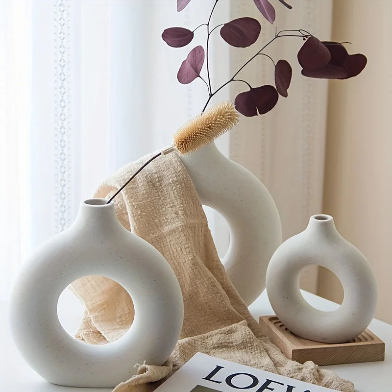 White & Beige Ceramic Donut Vase — Modern Boho Home Decor