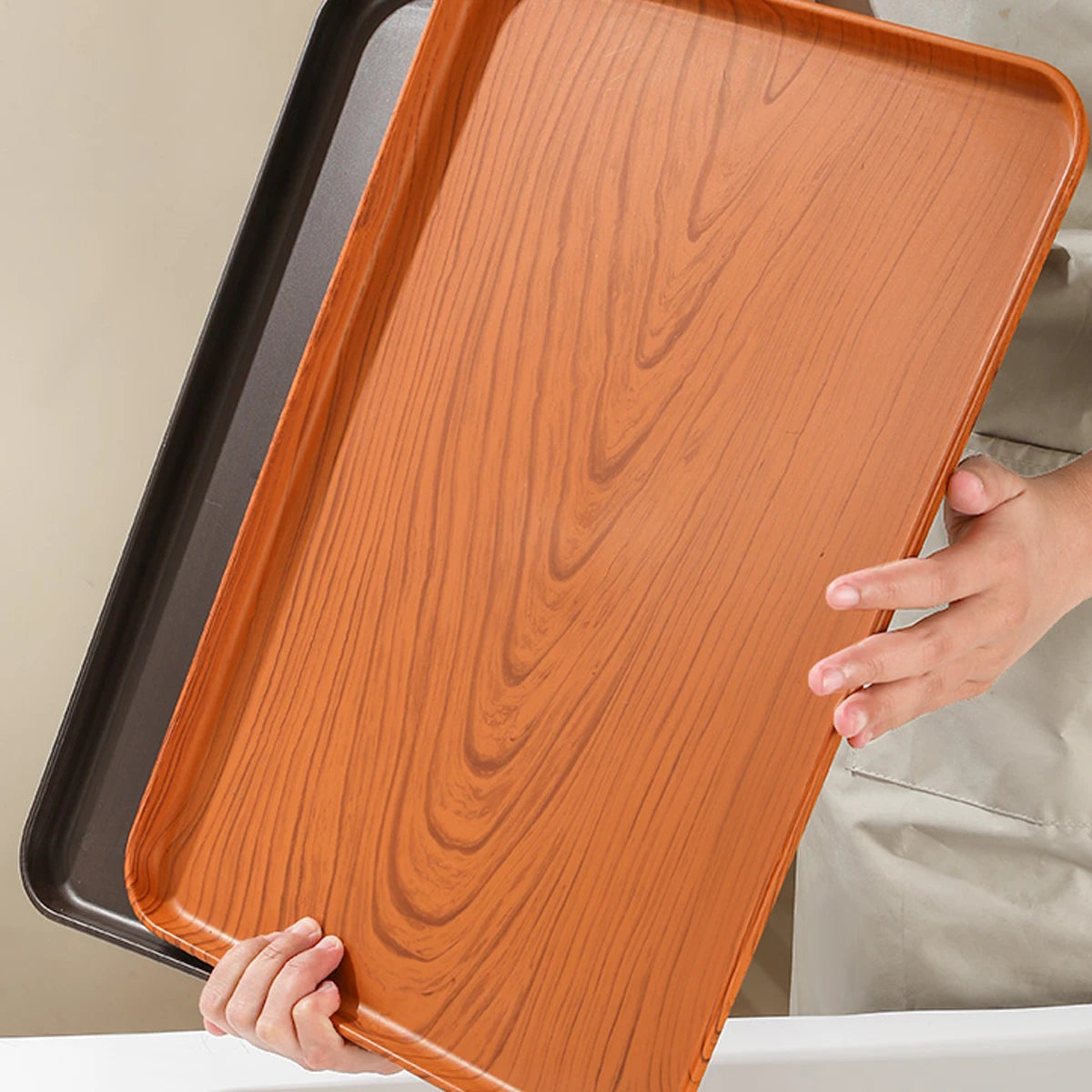 Wood Grain Plastic Stackable Food Serving Tray — Large Capacity Kitchen Organiser