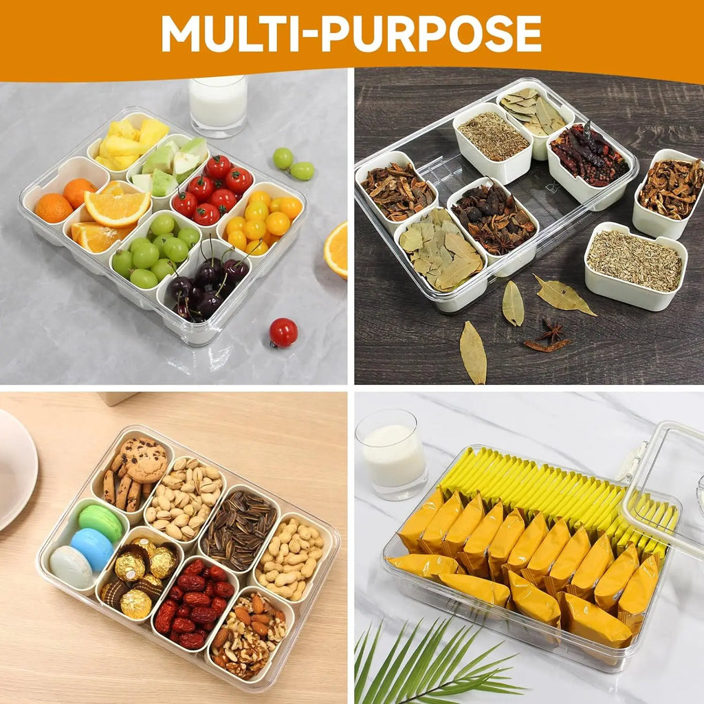 8-Grid Divided Serving Tray with Lid — for Snacks, Fruit & Fridge Storage
