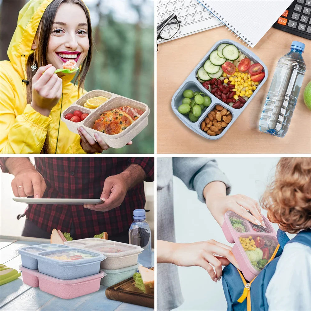 Wheat Straw Bento Lunch Box — 3 Compartments, Leakproof, Microwave Safe