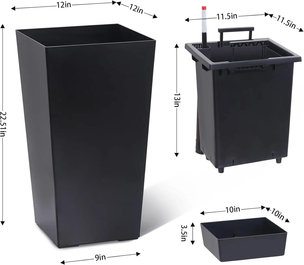 22-Inch Tall Black Taper Planter – Self-Absorbing Plastic Flower Pot with Shelf Insert (Set of 2)