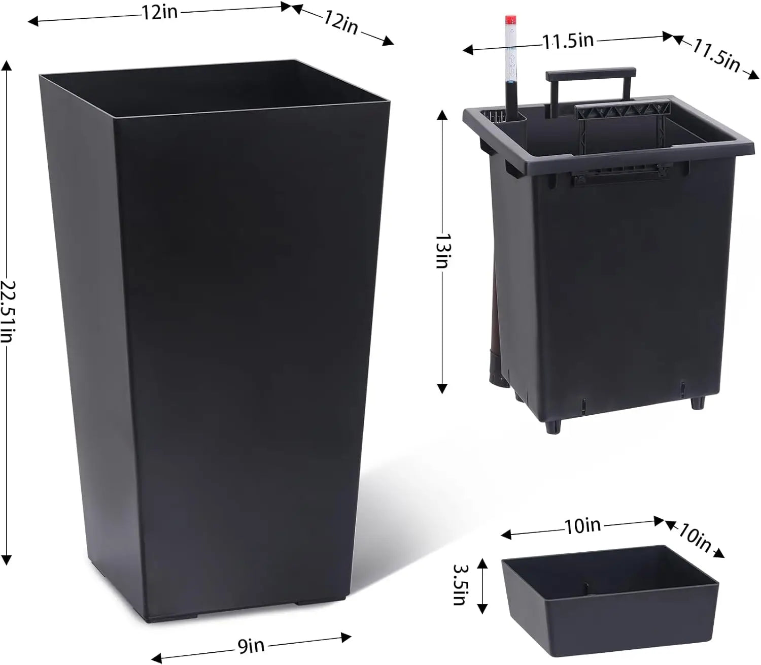 22-Inch Tall Black Taper Planter – Self-Absorbing Plastic Flower Pot with Shelf Insert (Set of 2)