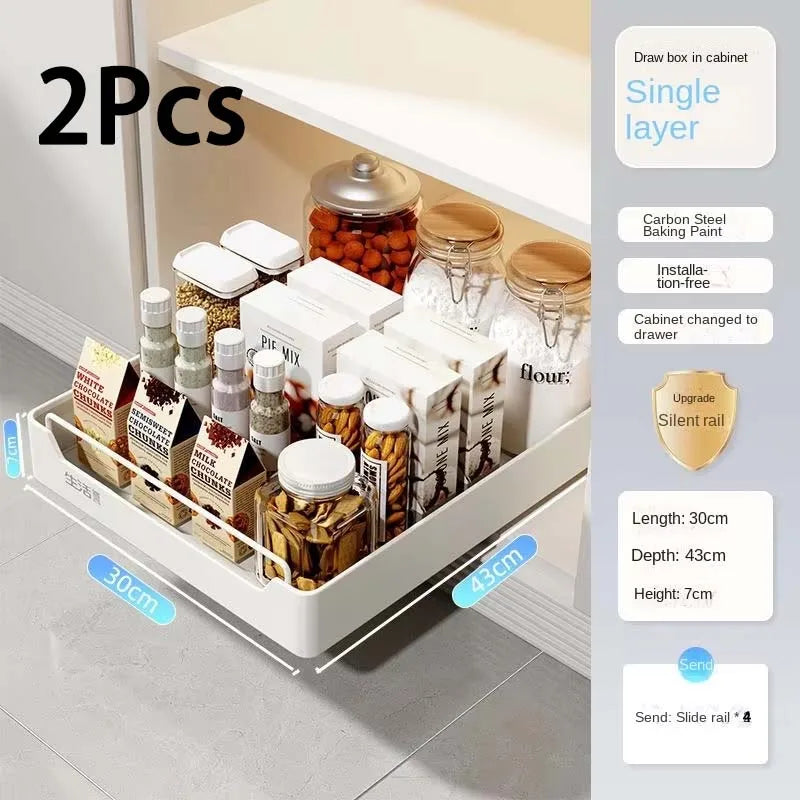 Pull-Out Cabinet Storage Rack with Slide Rails — No-Drill, Smooth & Quiet