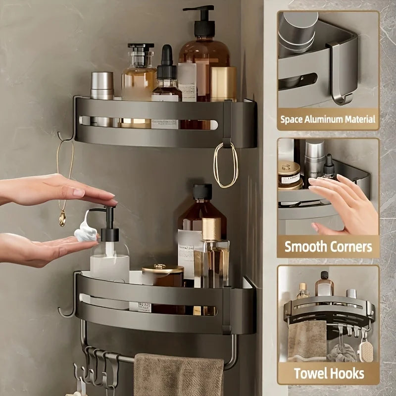 No-Drill Aluminum Corner Shower Shelf — Wall-Mounted Bathroom Organizer