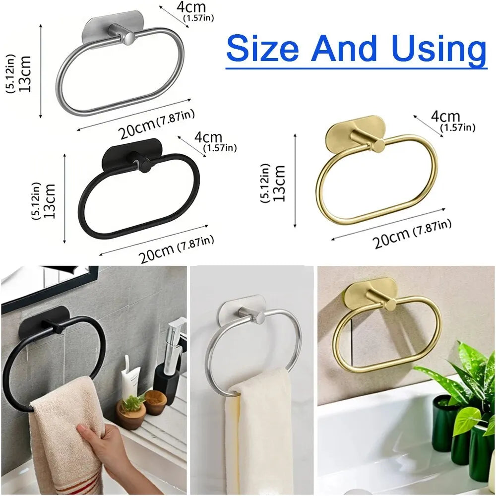 304 Stainless Steel Towel Ring — No-Drill, 180° Rotatable, 20×13cm