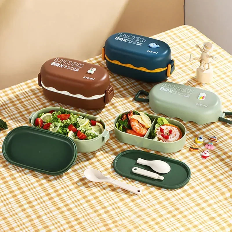 Double-Layer Compartment Lunch Box with Spoon — Leakproof, Microwavable
