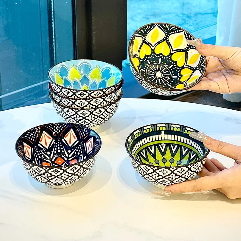 Handmade Bohemian Ceramic Bowls — Set of 6, Microwave & Dishwasher Safe