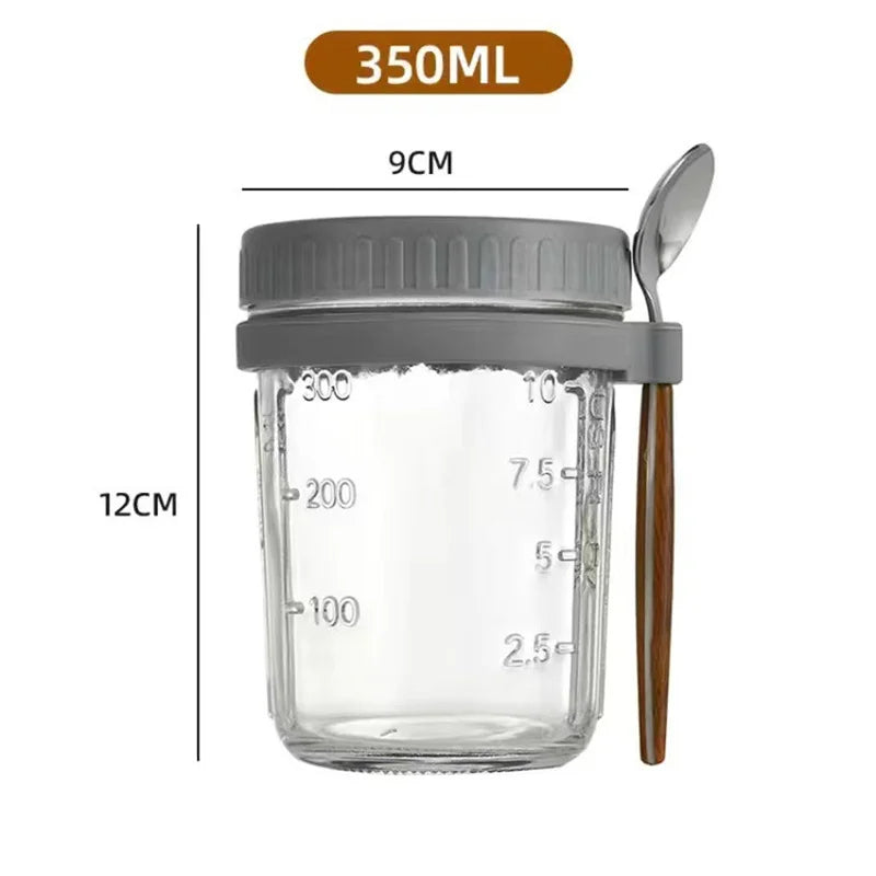 Overnight Oats Glass Jar with Lid & Spoon — Airtight, Portable