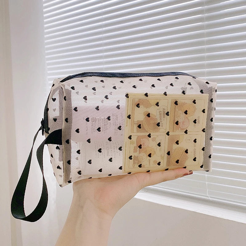 Transparent Mesh Makeup Bag — Heart Detail, Zipper Cosmetic Pouch, 12×8.5cm