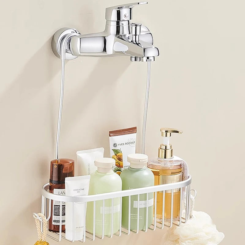 Hanging Shower Caddy with Hooks — No-Drill Aluminum Basket, 30×11.5×9cm