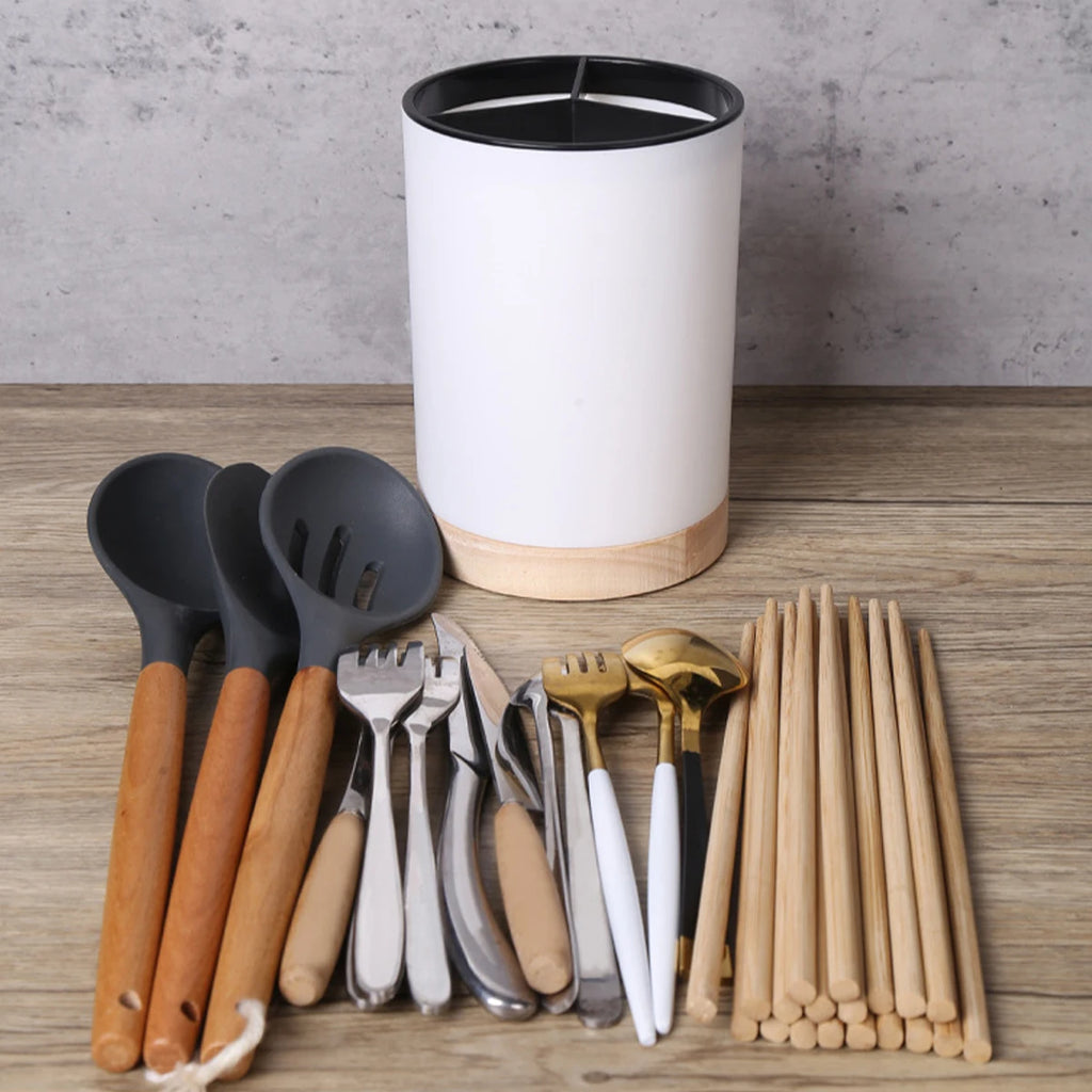 Rotatable Cutlery & Utensil Holder — Detachable, 3-Section, with Drain