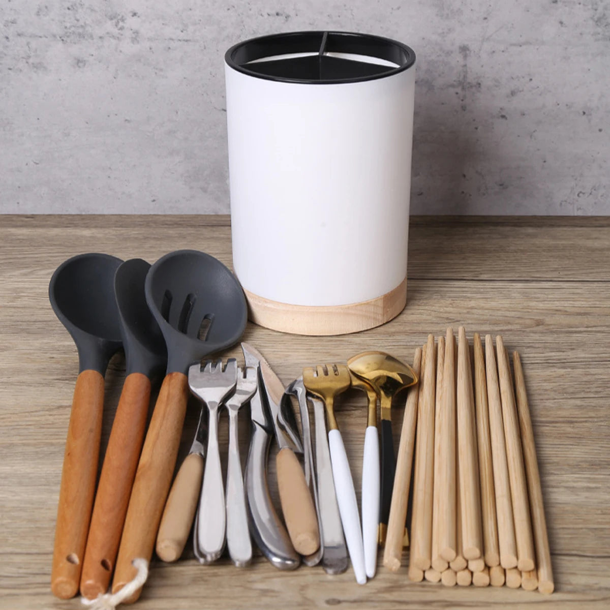 Rotatable Cutlery & Utensil Holder — Detachable, 3-Section, with Drain