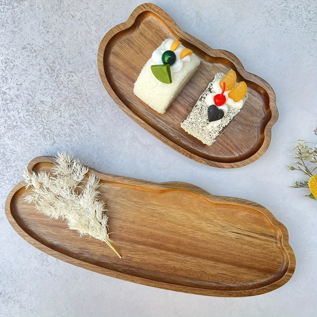 Japanese Solid Wood Tea & Dessert Tray — Heat Resistant, Cloud Shape